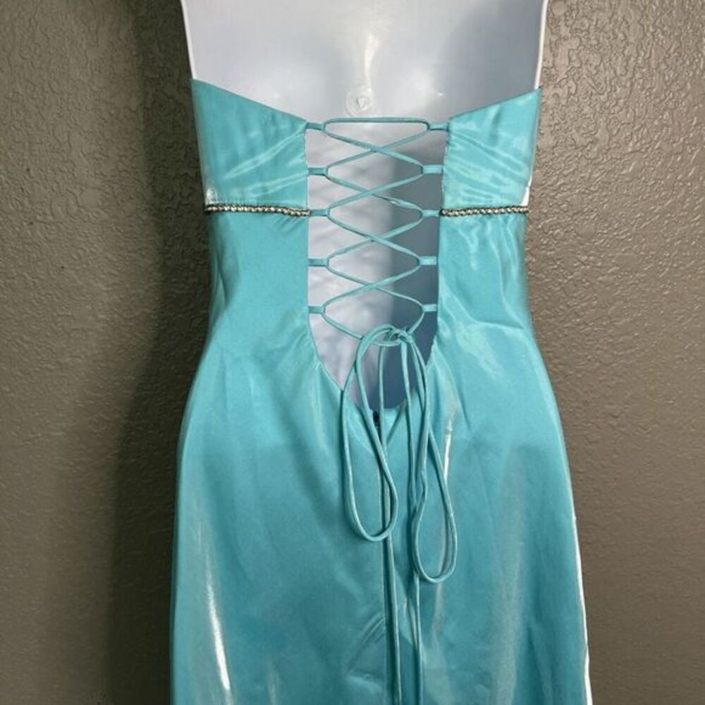 Y2K Cache Ice Blue Shimmery Maxi Dress SZ 9/10 Empire Waist Rhinestones Prom - Picture 3 of 9